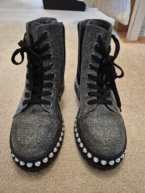 Jessica Simpson Black Glitter Lace-Up Combat Boots with Pearl Trim size 9